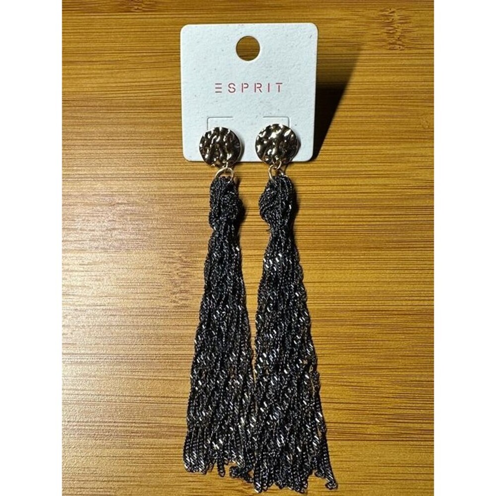 ESPRIT Gold Hammered Disc Stud Black Tassel Drop Earrings Boho New Pair